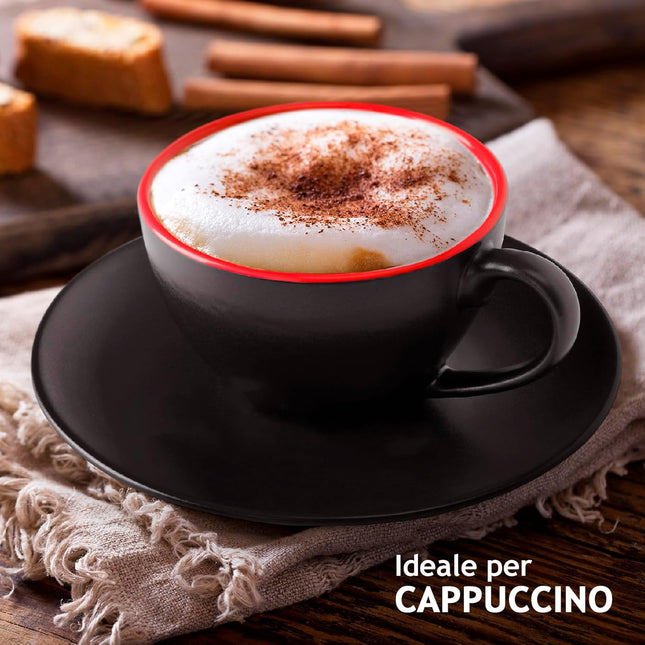 Sada 6 keramických šálků na cappuccino Miamio Le Papillon 175 ml s podšálky a stojanem ( červené ) - YUMMA