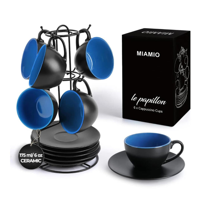 Sada 6 keramických šálků na cappuccino Miamio Le Papillon 175 ml s podšálky a stojanem ( modré ) - YUMMA