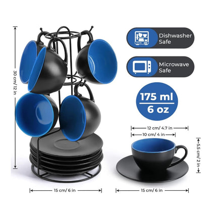 Sada 6 keramických šálků na cappuccino Miamio Le Papillon 175 ml s podšálky a stojanem ( modré ) - YUMMA