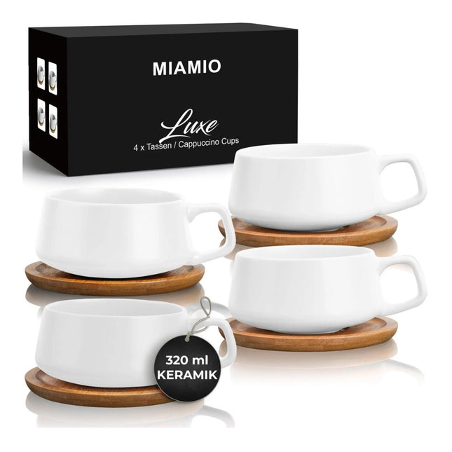Keramické šálky na cappuccino s podšálky Miamio Luxe 320 ml, 4 ks - bílé - YUMMA