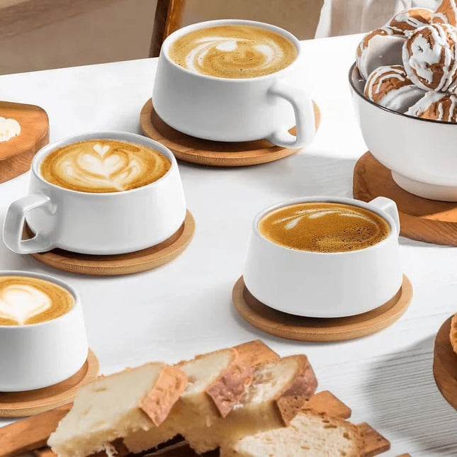 Keramické šálky na cappuccino s podšálky Miamio Luxe 320 ml, 4 ks - bílé - YUMMA
