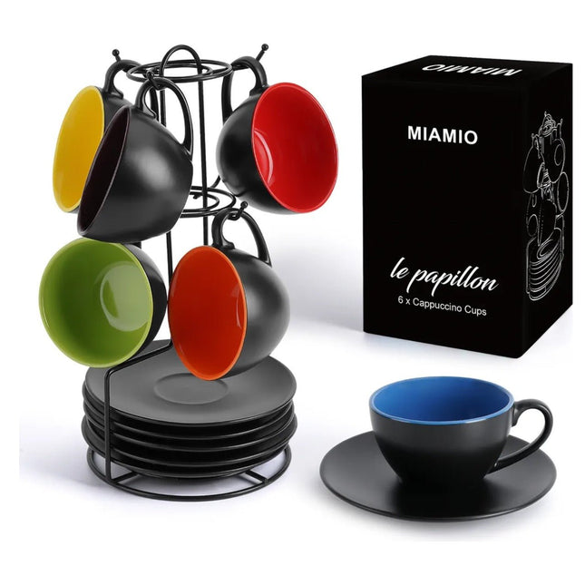Sada 6 keramických šálků na cappuccino Miamio Le Papillon 175 ml s podšálky a stojanem - YUMMA