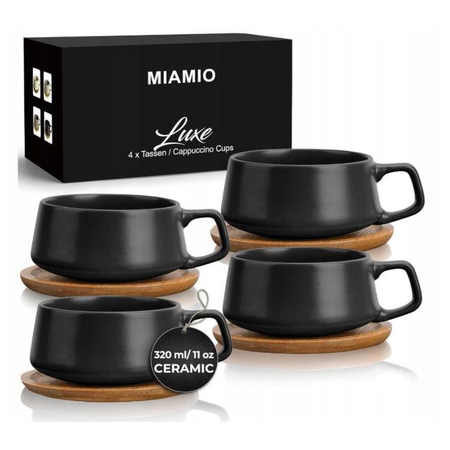 Keramické šálky na cappuccino s podšálky Miamio Luxe 320 ml, 4 ks - černé - YUMMA