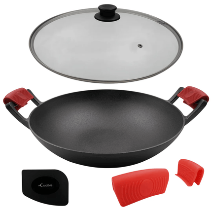 Litinová pánev Wok Crucible Cookware 36 cm s silikonovými držáky - YUMMA