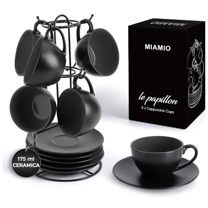 Sada 6 keramických šálků na cappuccino Miamio Le Papillon 175 ml s podšálky a stojanem ( černé ) - YUMMA