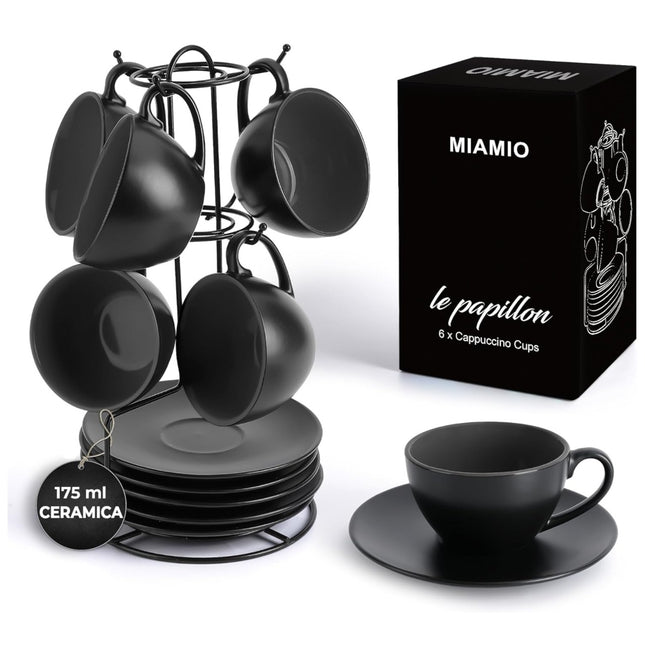 Sada 6 keramických šálků na cappuccino Miamio Le Papillon 175 ml s podšálky a stojanem ( černé ) - YUMMA