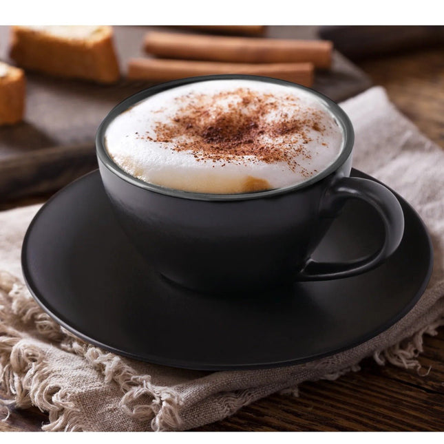 Sada 6 keramických šálků na cappuccino Miamio Le Papillon 175 ml s podšálky a stojanem ( černé ) - YUMMA